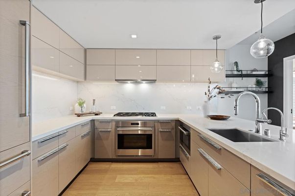 Interior, Kitchen, Pendant Lights, Recessed Lighting, Stainless Steel Appliances, Wood Texture Flooring