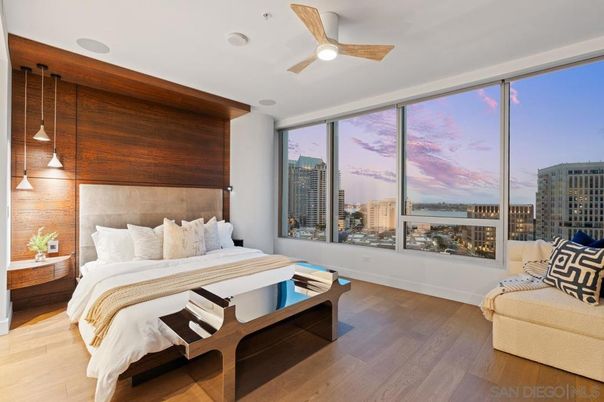 Bedroom, Interior, Pendant Lights, Water, Wood Texture Flooring