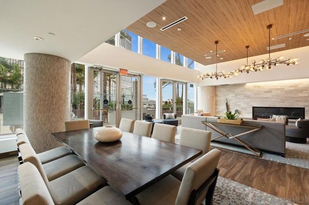 Dining room, Fireplace, Interior, Living room, Pendant Lights, Recessed Lighting, Stone Walls, Wooden Ceilings, Wood Texture Flooring