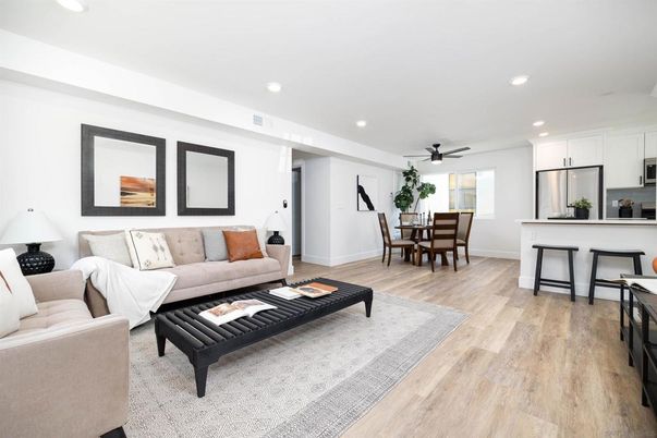 Dining room, Interior, Kitchen, Living room, Recessed Lighting, Stainless Steel Appliances, Wood Texture Flooring