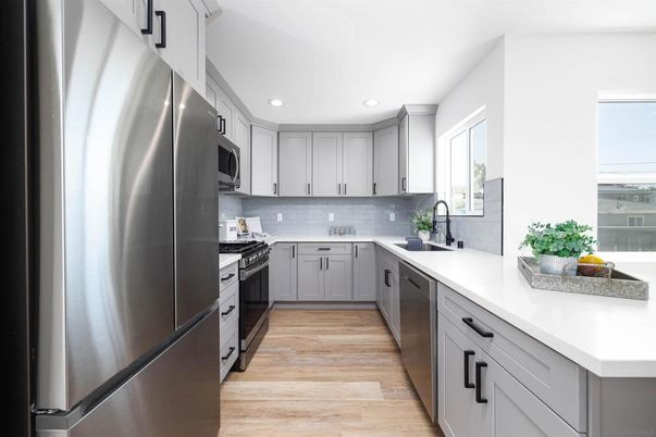 Interior, Kitchen, Recessed Lighting, Stainless Steel Appliances, Wood Texture Flooring