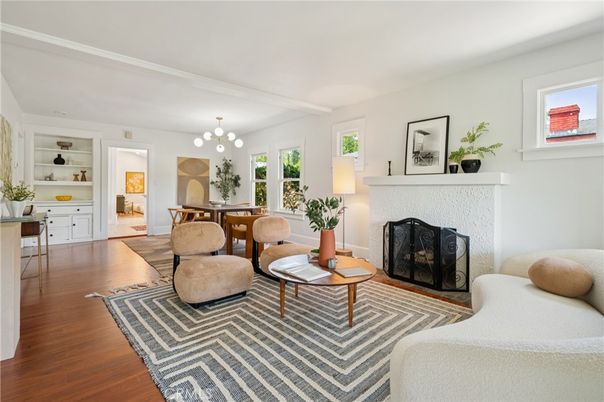 Dining room, Fireplace, Interior, Living room, Pendant Lights, Wood Texture Flooring