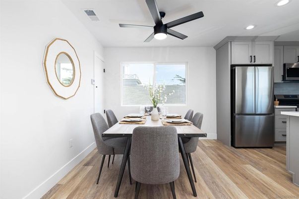 Dining room, Interior, Kitchen, Recessed Lighting, Stainless Steel Appliances, Wood Texture Flooring