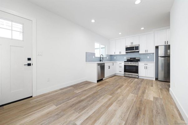 Interior, Kitchen, Recessed Lighting, Stainless Steel Appliances, Wood Texture Flooring
