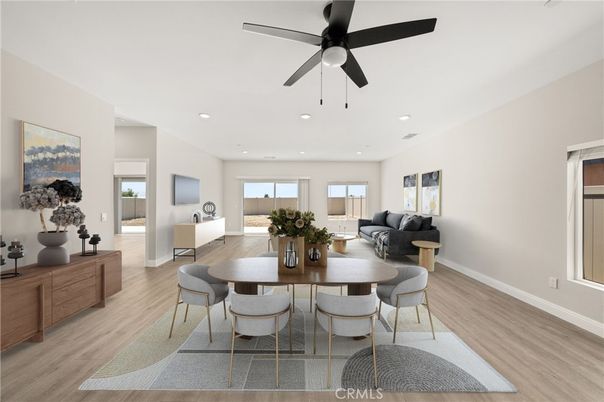 Dining room, Interior, Living room, Recessed Lighting, Wood Texture Flooring