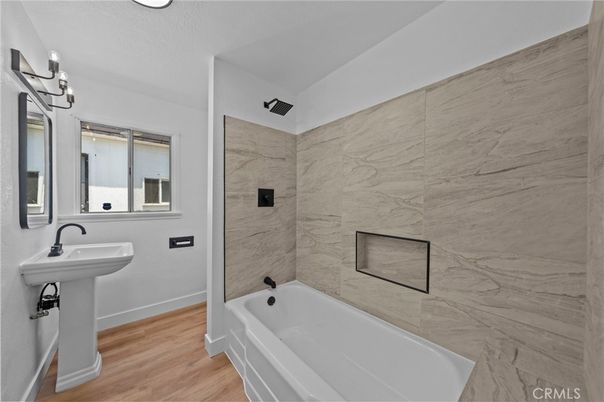 Bathroom, Interior, Marble Walls, Wood Texture Flooring