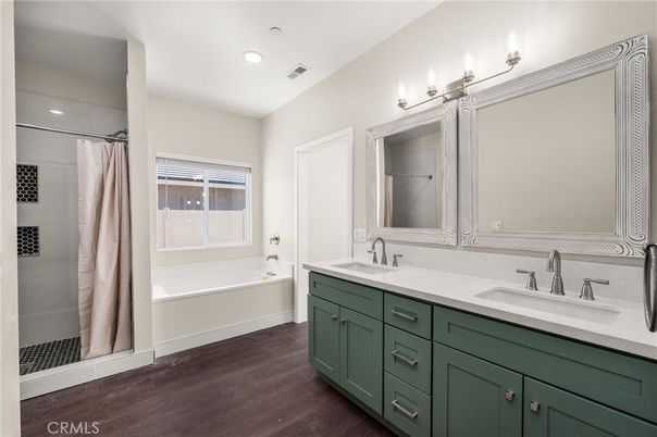 Bathroom, Dual Sink Vanities, Interior, Recessed Lighting, Wood Texture Flooring