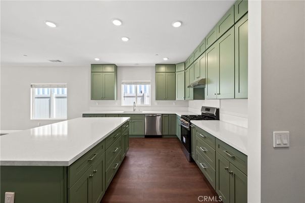 Interior, Kitchen, Recessed Lighting, Stainless Steel Appliances, Wood Texture Flooring