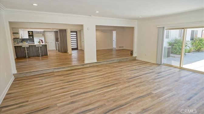 Empty room, Interior, Kitchen, Recessed Lighting, Wood Texture Flooring