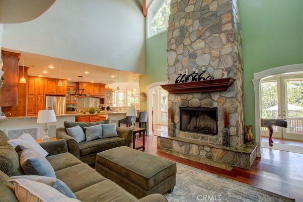 Dining room, Fireplace, Interior, Kitchen, Living room, Pendant Lights, Recessed Lighting, Stone Walls, Wood Texture Flooring