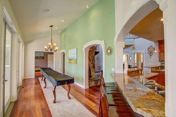 Chandelier, Dining room, Interior, Pendant Lights, Recessed Lighting, Wood Texture Flooring