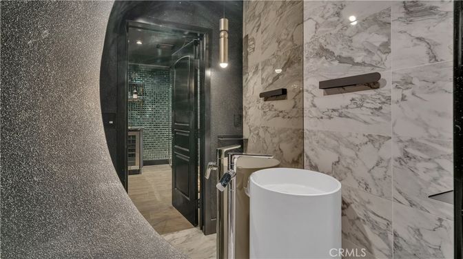 Bathroom, Glass Shower, Interior, Marble, Marble Walls, Wood Texture Flooring