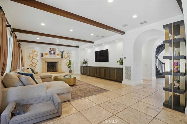 Fireplace, Interior, Living room, Recessed Lighting, Wooden Beams