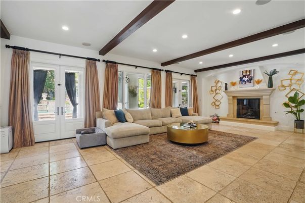 Fireplace, Interior, Living room, Recessed Lighting, Wooden Beams