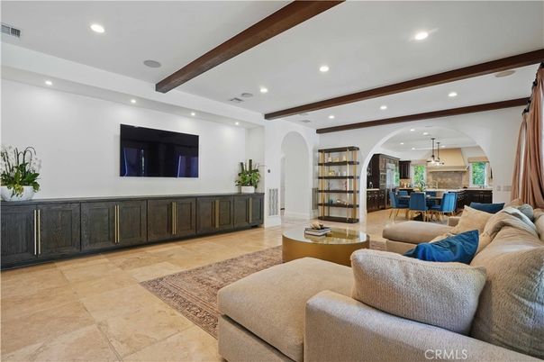 Dining room, Interior, Living room, Pendant Lights, Recessed Lighting, Wooden Beams