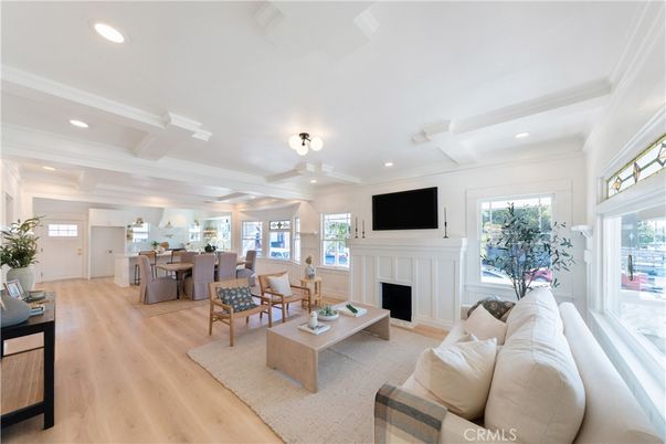Dining room, Fireplace, Interior, Living room, Recessed Lighting, Wood Texture Flooring