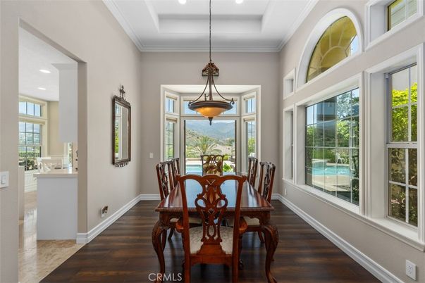 Dining room, Interior, Pendant Lights, Recessed Lighting, Wood Texture Flooring