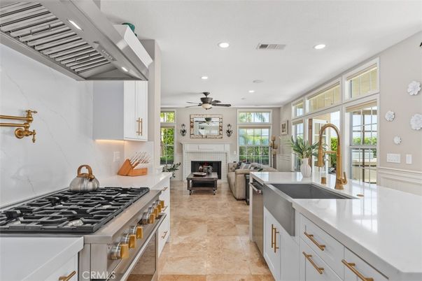 Fireplace, Interior, Kitchen, Living room, Recessed Lighting, Stainless Steel Appliances