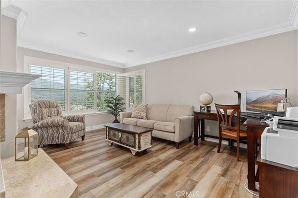 Fireplace, Home Office, Interior, Living room, Recessed Lighting, Wood Texture Flooring