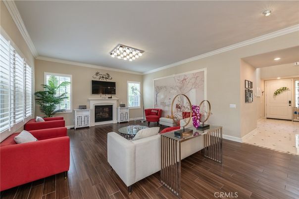 Fireplace, Interior, Living room, Recessed Lighting, Wood Texture Flooring