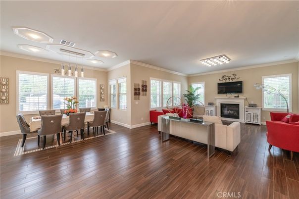 Dining room, Fireplace, Interior, Living room, Pendant Lights, Wood Texture Flooring