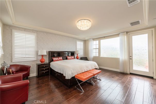 Bedroom, Chandelier, Interior, Wood Texture Flooring