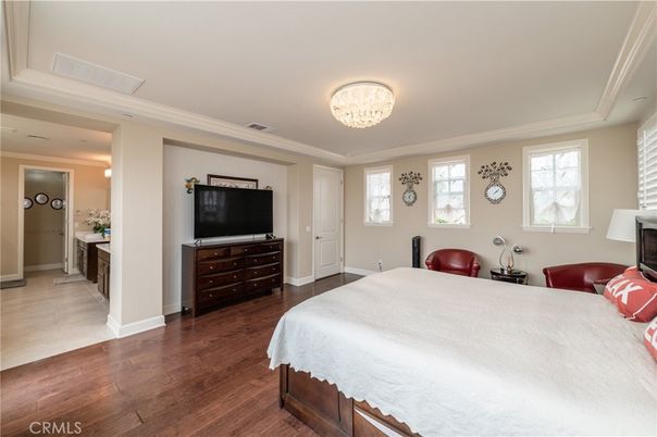 Bedroom, Chandelier, Interior, Wood Texture Flooring
