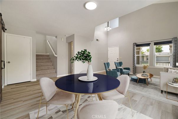 Dining room, Interior, Living room, Recessed Lighting, Wood Texture Flooring