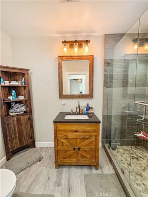 Bathroom, Glass Shower, Interior, Wood Texture Flooring