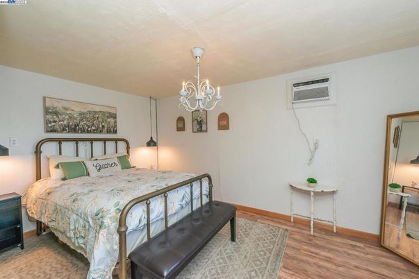 Bedroom, Chandelier, Interior, Wood Texture Flooring