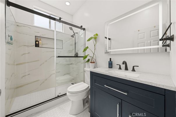 Bathroom, Glass Shower, Interior, Marble Walls, Recessed Lighting