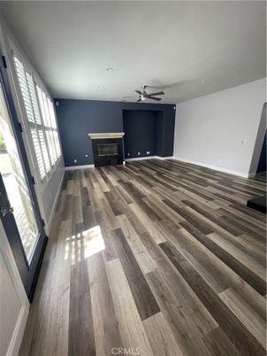 Empty room, Fireplace, Interior, Recessed Lighting, Wood Texture Flooring