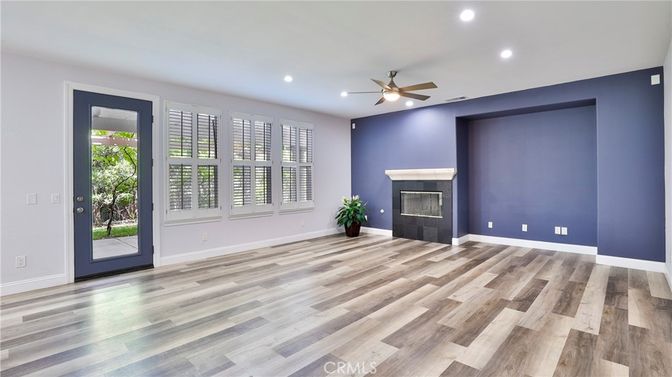 Empty room, Fireplace, Interior, Recessed Lighting, Wood Texture Flooring