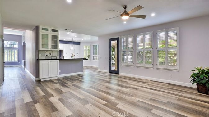 Empty room, Interior, Kitchen, Pendant Lights, Recessed Lighting, Wood Texture Flooring