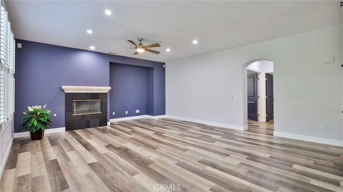 Empty room, Fireplace, Interior, Recessed Lighting, Wood Texture Flooring