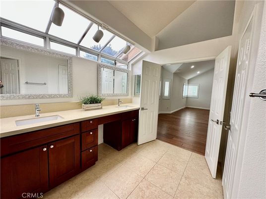 Bathroom, Dual Sink Vanities, Interior, Recessed Lighting, Wood Texture Flooring