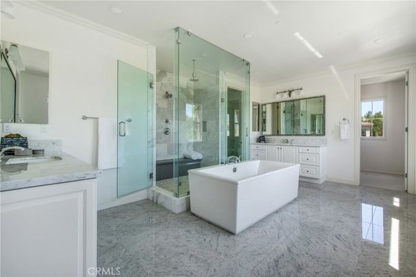 Bathroom, Dual Sink Vanities, Free Standing Baths, Glass Shower, Interior, Marble, Recessed Lighting