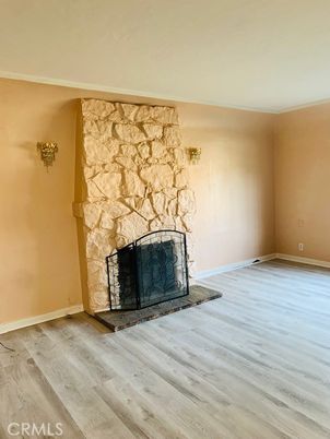 Empty room, Fireplace, Interior, Stone Walls, Wood Texture Flooring