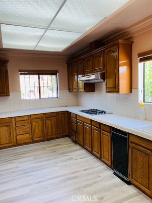 Interior, Kitchen, Tile Countertops, Wood Texture Flooring