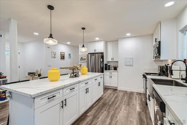 Interior, Kitchen, Pendant Lights, Recessed Lighting, Stainless Steel Appliances, Wood Texture Flooring