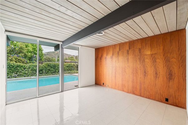 Empty room, Interior, Pool, Recessed Lighting, Wooden Ceilings, Wooden Walls