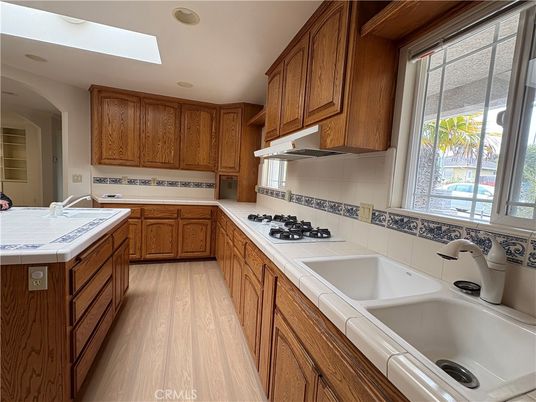 Interior, Kitchen, Tile Countertops, Wood Texture Flooring