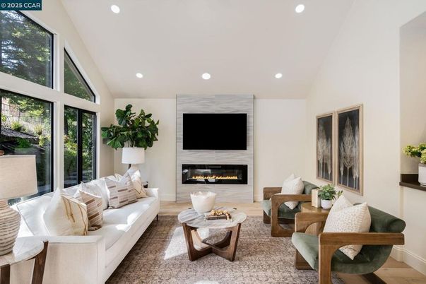 Fireplace, Interior, Living room, Recessed Lighting, Wood Texture Flooring