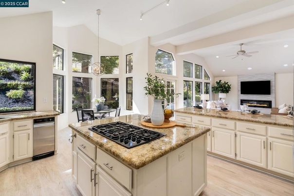 Dining room, Fireplace, Interior, Kitchen, Pendant Lights, Recessed Lighting, Wood Texture Flooring