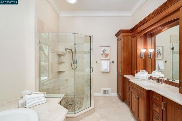 Bathroom, Dual Sink Vanities, Glass Shower, Interior, Recessed Lighting