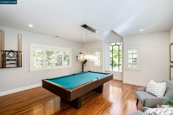 Billiard Table, Game Room, Interior, Pendant Lights, Recessed Lighting, Wood Texture Flooring