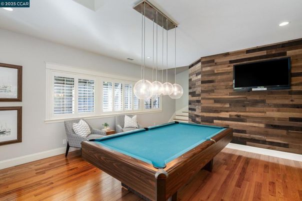 Billiard Table, Game Room, Interior, Pendant Lights, Recessed Lighting, Wood Texture Flooring, Wooden Walls