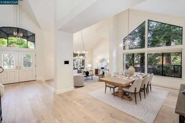 Dining room, Interior, Living room, Pendant Lights, Wood Texture Flooring