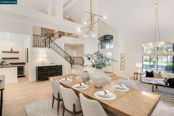 Dining room, Interior, Living room, Pendant Lights, Recessed Lighting, Wood Texture Flooring