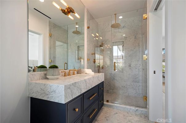 Bathroom, Glass Shower, Interior, Marble, Marble Walls, Recessed Lighting